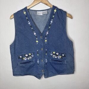 Stonybrook Denim Floral Embroidered Vest Pockets Women's Medium Cottagecore‎
